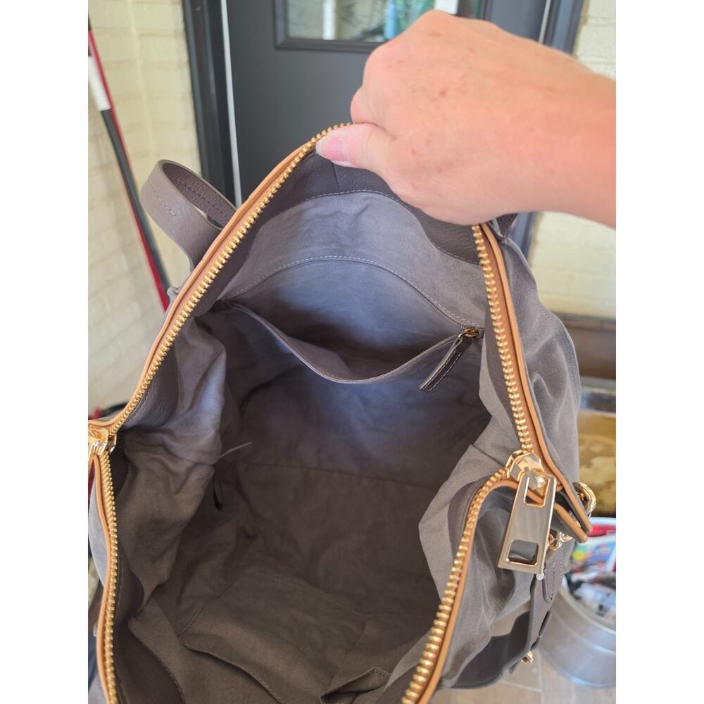 Vince Camuto Alcia Tote Bag Gray Suede Leather Camel Trim Large NWOT - Picture 2 of 3